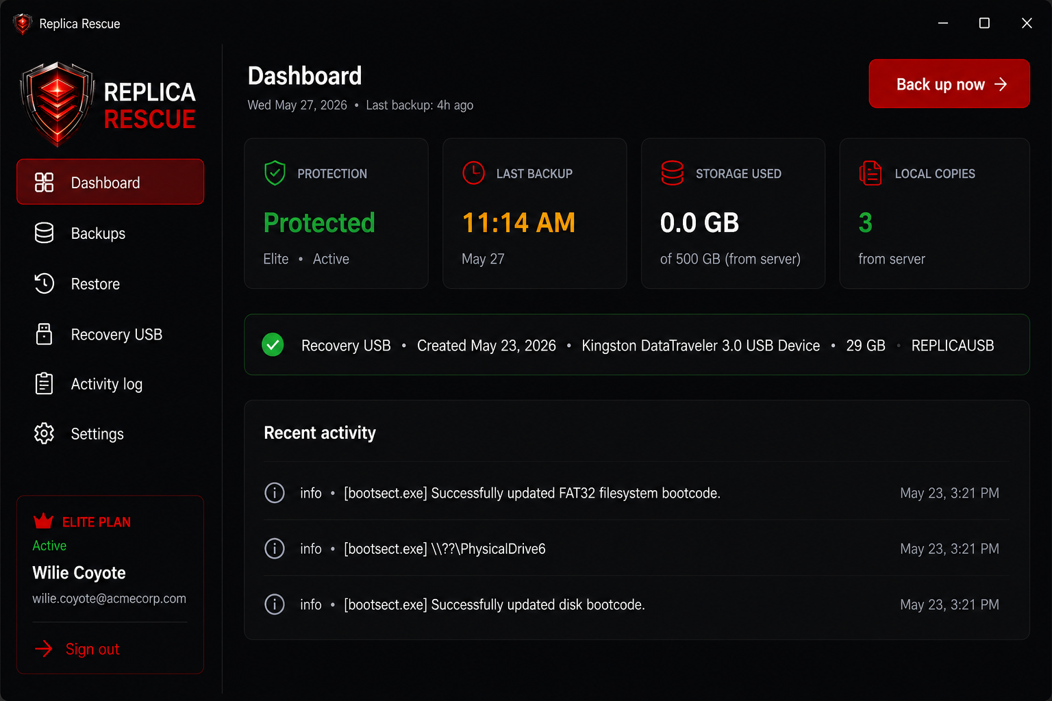 Replica Rescue agent dashboard