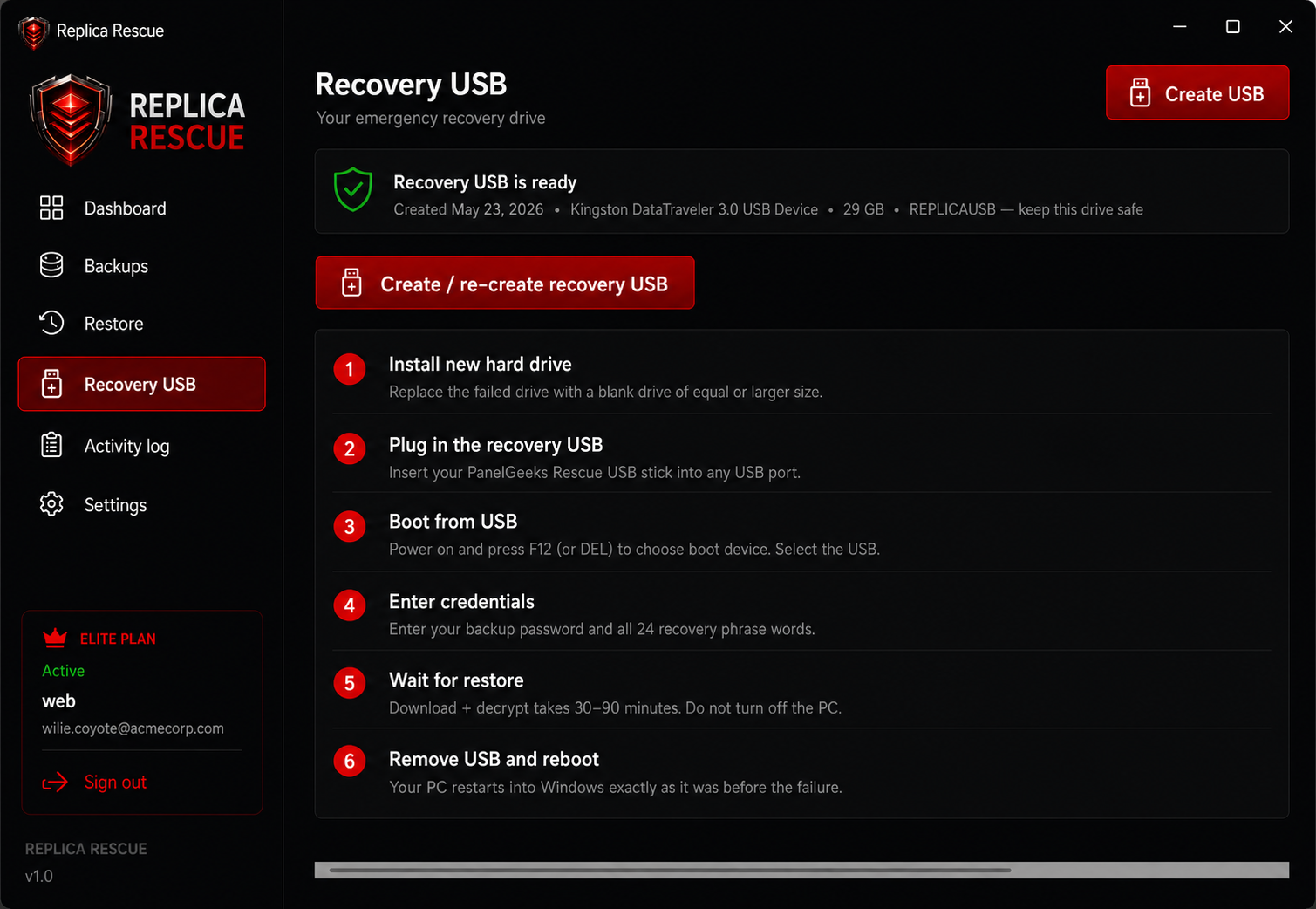 Replica Rescue recovery USB creation