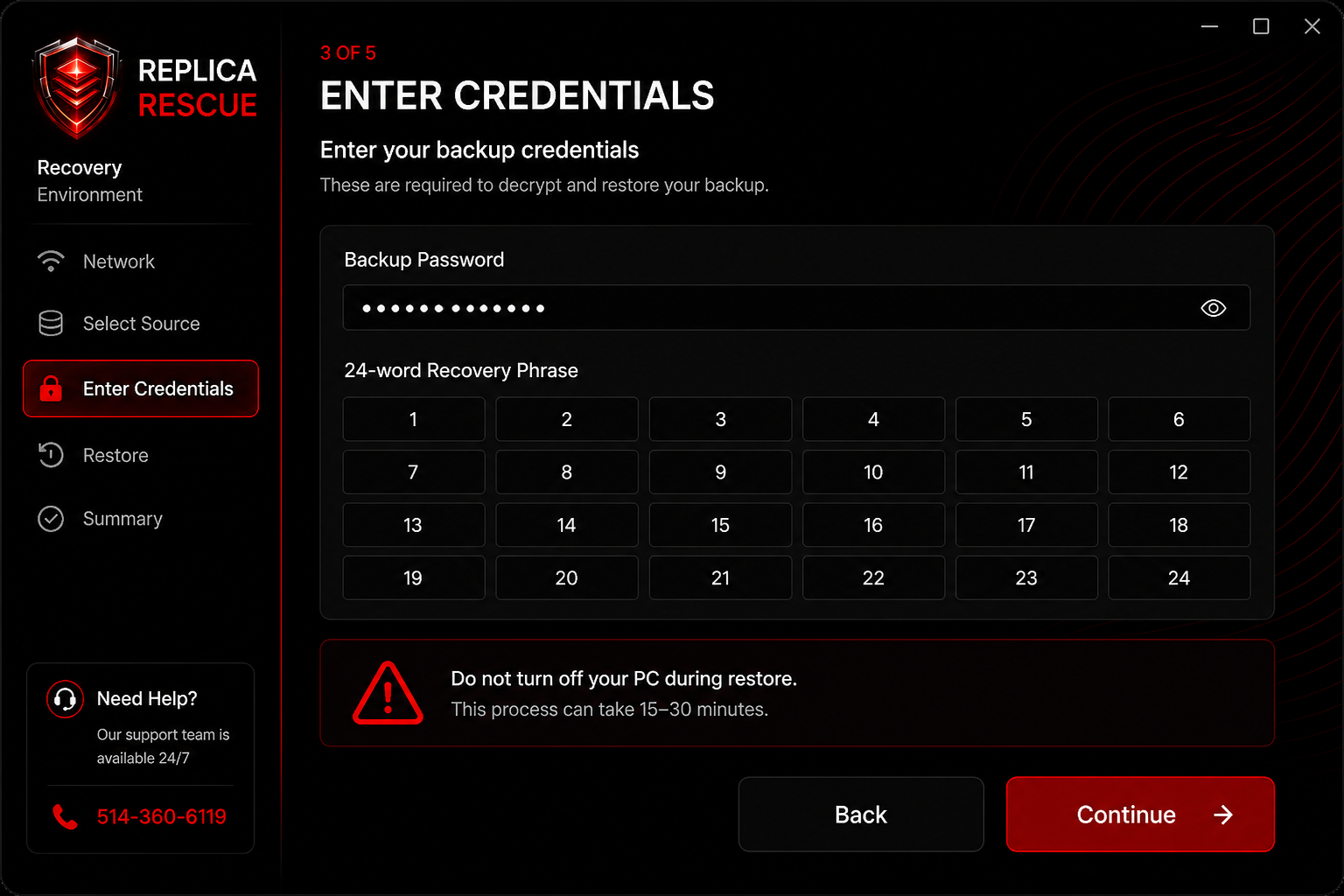 Recovery Environment step 3 — Enter credentials