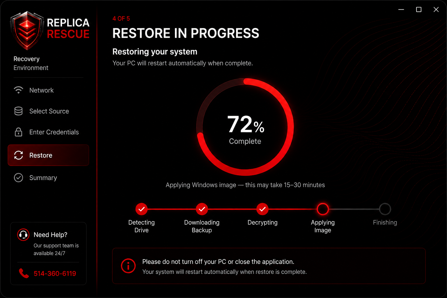 Recovery Environment step 4 — Restore in progress